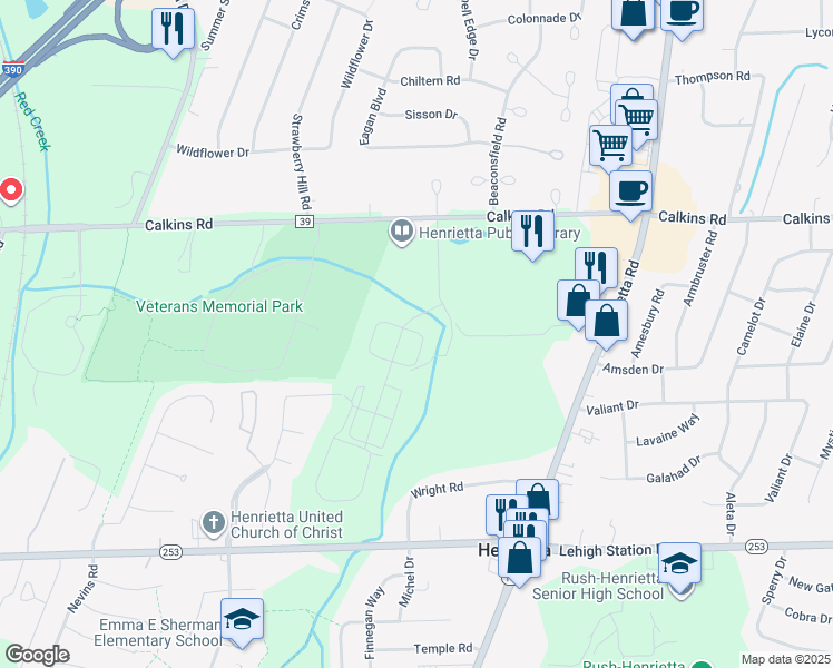 map of restaurants, bars, coffee shops, grocery stores, and more near 6 Town Circle in Henrietta