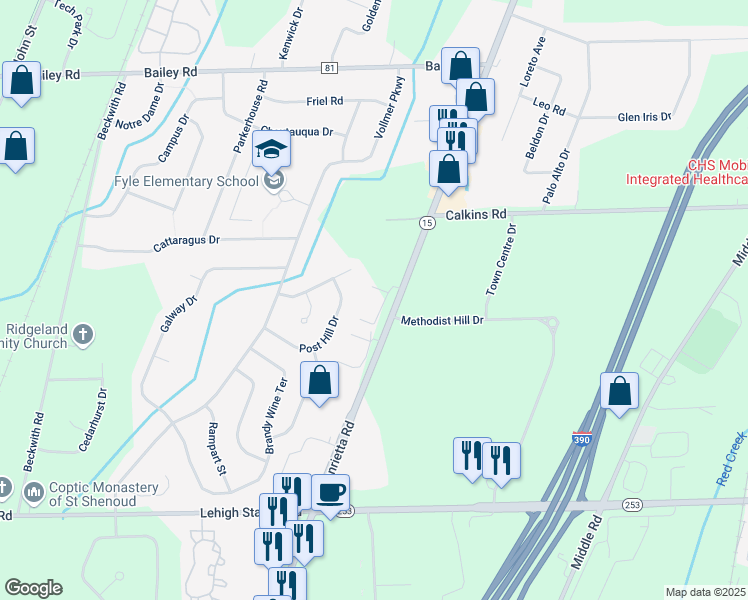 map of restaurants, bars, coffee shops, grocery stores, and more near 4365 West Henrietta Road in Henrietta
