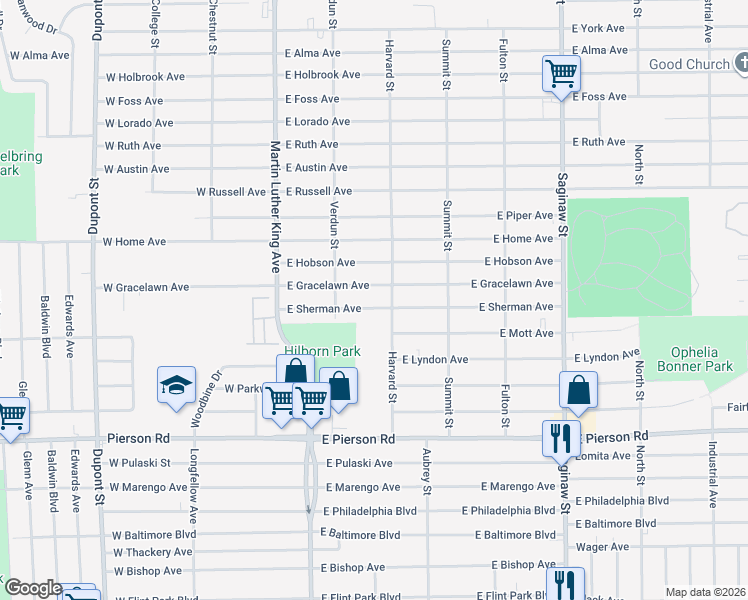 map of restaurants, bars, coffee shops, grocery stores, and more near 254 East Sherman Avenue in Flint