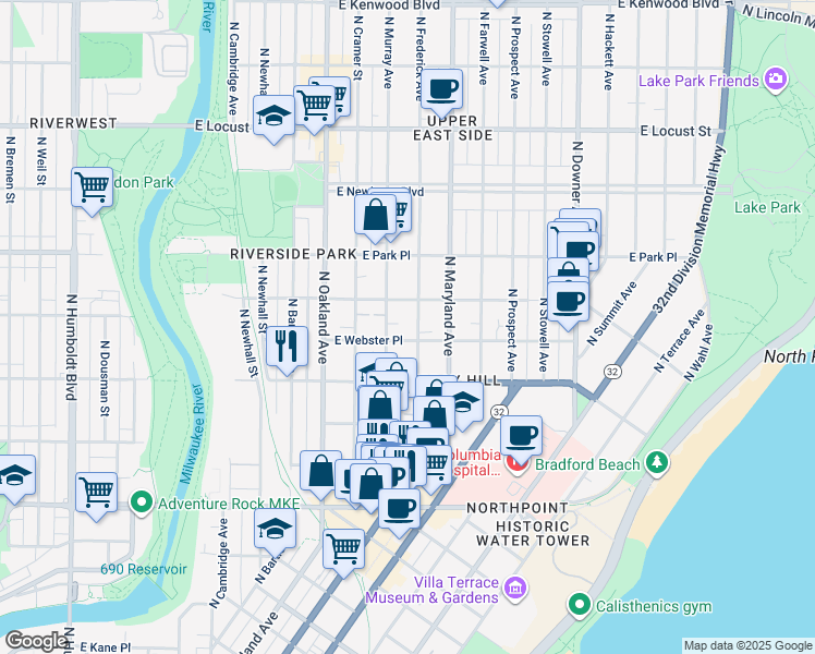 map of restaurants, bars, coffee shops, grocery stores, and more near 2014 East Webster Place in Milwaukee