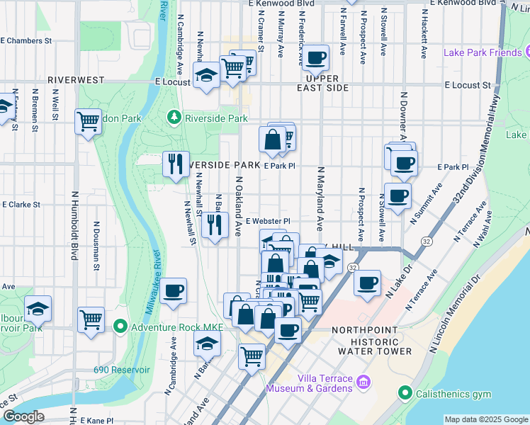 map of restaurants, bars, coffee shops, grocery stores, and more near 1906 East Webster Place in Milwaukee