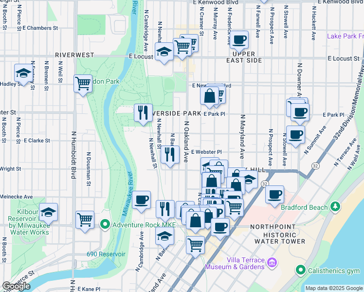 map of restaurants, bars, coffee shops, grocery stores, and more near 2553 North Oakland Avenue in Milwaukee