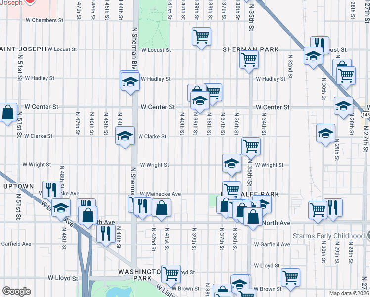 map of restaurants, bars, coffee shops, grocery stores, and more near 2534-2536 North 40th Street in Milwaukee