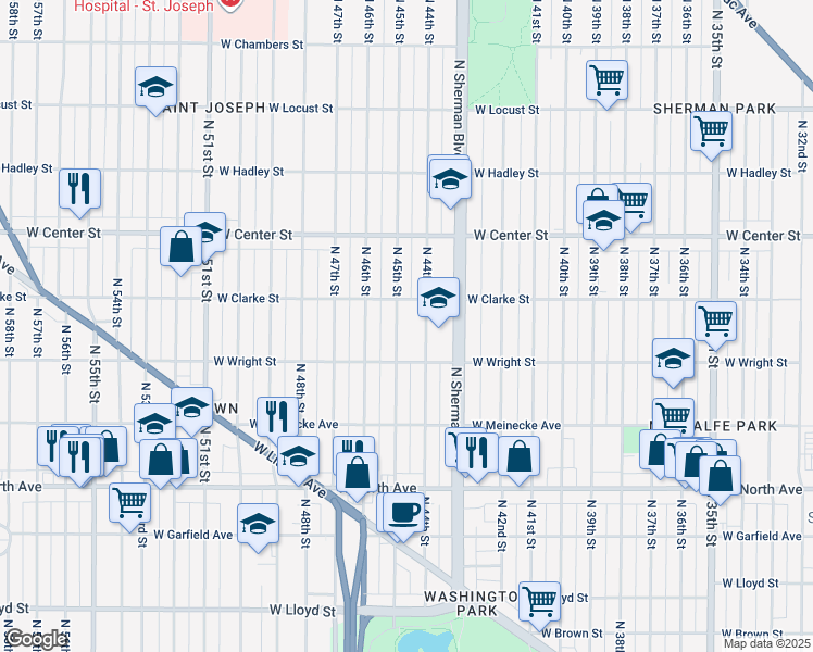 map of restaurants, bars, coffee shops, grocery stores, and more near 2531 North 44th Street in Milwaukee