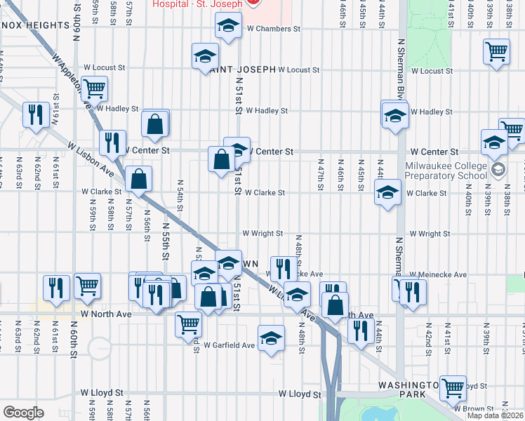 map of restaurants, bars, coffee shops, grocery stores, and more near 2529 North 50th Street in Milwaukee