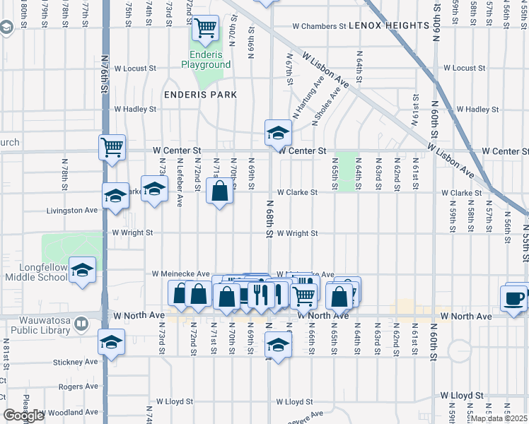 map of restaurants, bars, coffee shops, grocery stores, and more near 2527 North 68th Street in Wauwatosa