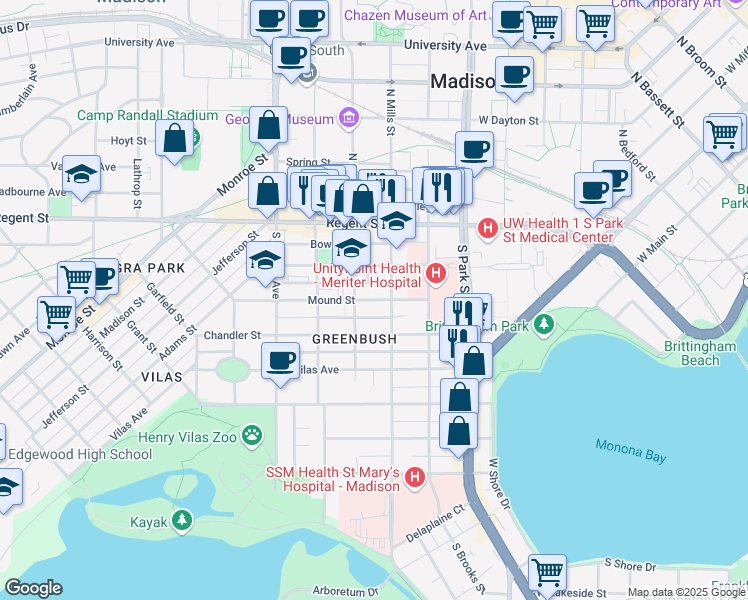 map of restaurants, bars, coffee shops, grocery stores, and more near 206 South Mills Street in Madison