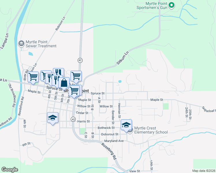 map of restaurants, bars, coffee shops, grocery stores, and more near 227 Border Street in Myrtle Point