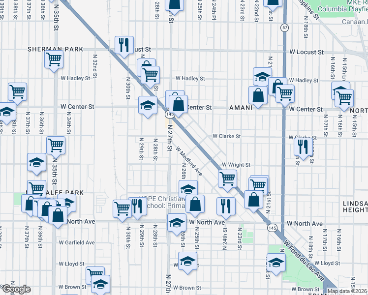 map of restaurants, bars, coffee shops, grocery stores, and more near 2617 West Medford Avenue in Milwaukee