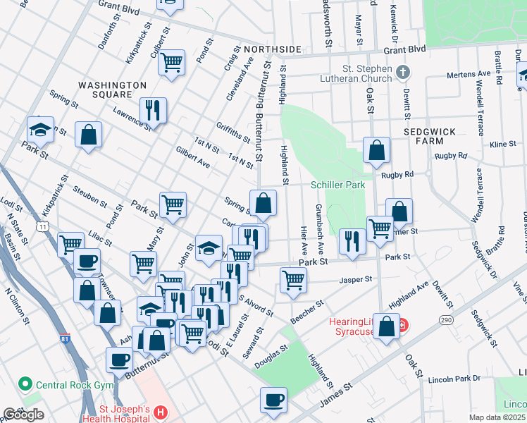 map of restaurants, bars, coffee shops, grocery stores, and more near 1104 Butternut Street in Syracuse