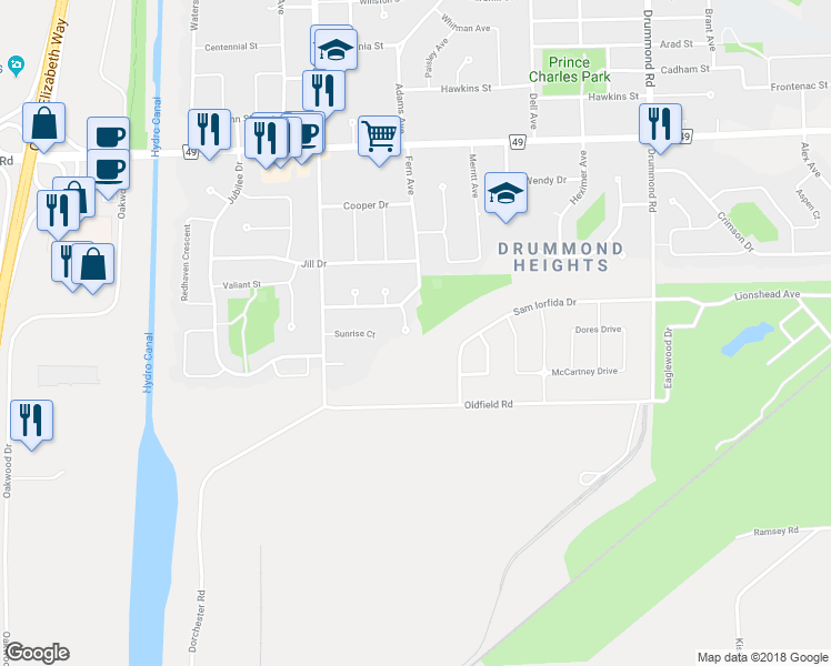 map of restaurants, bars, coffee shops, grocery stores, and more near 7632 Thames Crescent in Niagara Falls