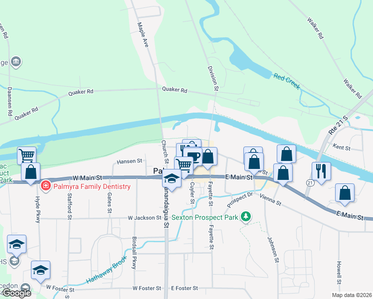 map of restaurants, bars, coffee shops, grocery stores, and more near 138 Canal Street in Palmyra