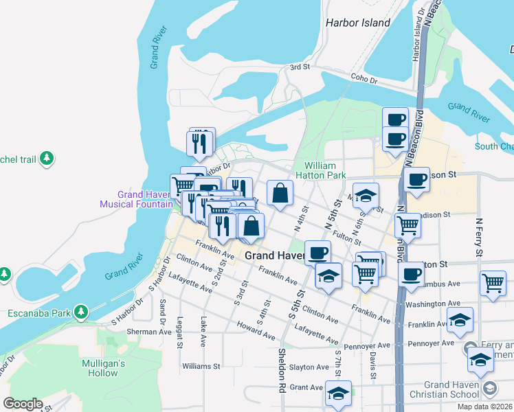 map of restaurants, bars, coffee shops, grocery stores, and more near 111 North 3rd Street in Grand Haven
