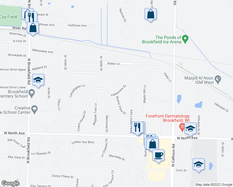 map of restaurants, bars, coffee shops, grocery stores, and more near Buena Vista Drive in Brookfield
