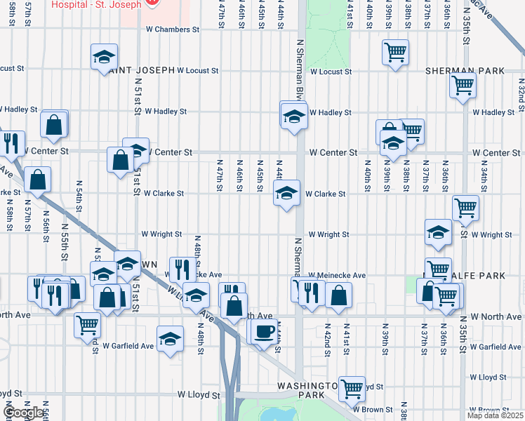 map of restaurants, bars, coffee shops, grocery stores, and more near 2546 North 45th Street in Milwaukee