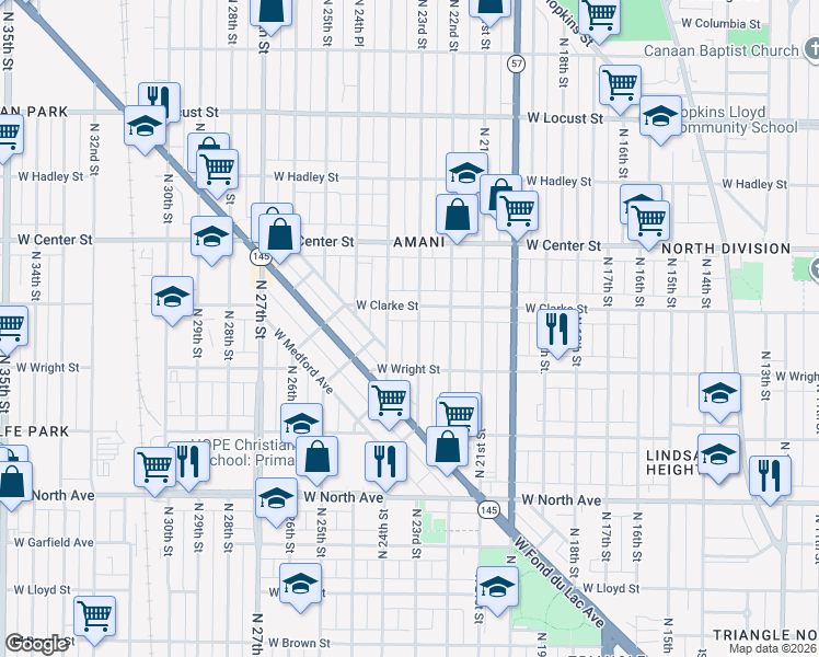 map of restaurants, bars, coffee shops, grocery stores, and more near 2532 North 24th Street in Milwaukee