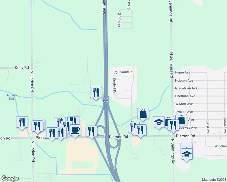 map of restaurants, bars, coffee shops, grocery stores, and more near 4209 Elmdorf Drive in Flint