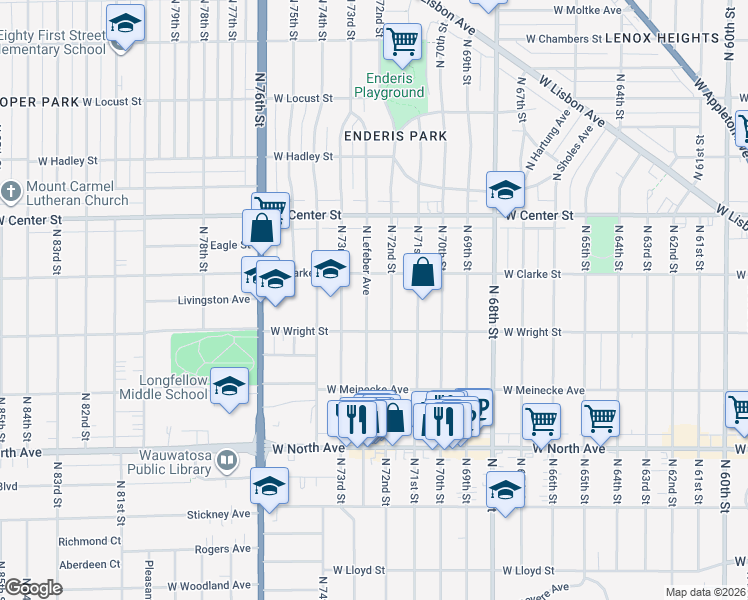 map of restaurants, bars, coffee shops, grocery stores, and more near 2527 North 72nd Street in Wauwatosa