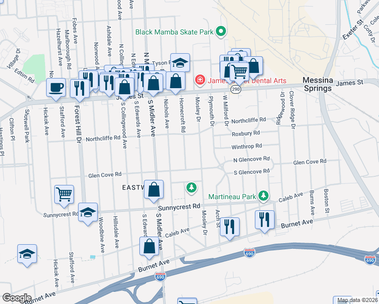 map of restaurants, bars, coffee shops, grocery stores, and more near 250 Homecroft Road in Syracuse