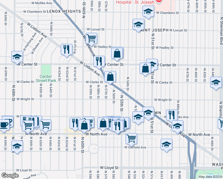 map of restaurants, bars, coffee shops, grocery stores, and more near 2528 North 57th Street in Milwaukee