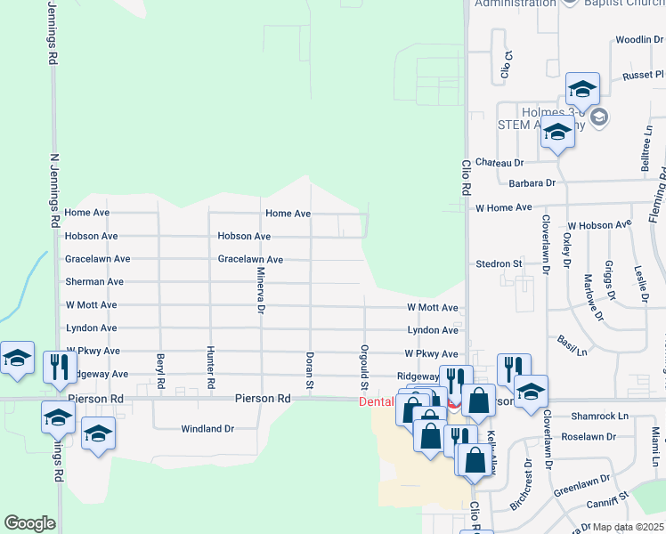 map of restaurants, bars, coffee shops, grocery stores, and more near 3175 Gracelawn Avenue in Flint