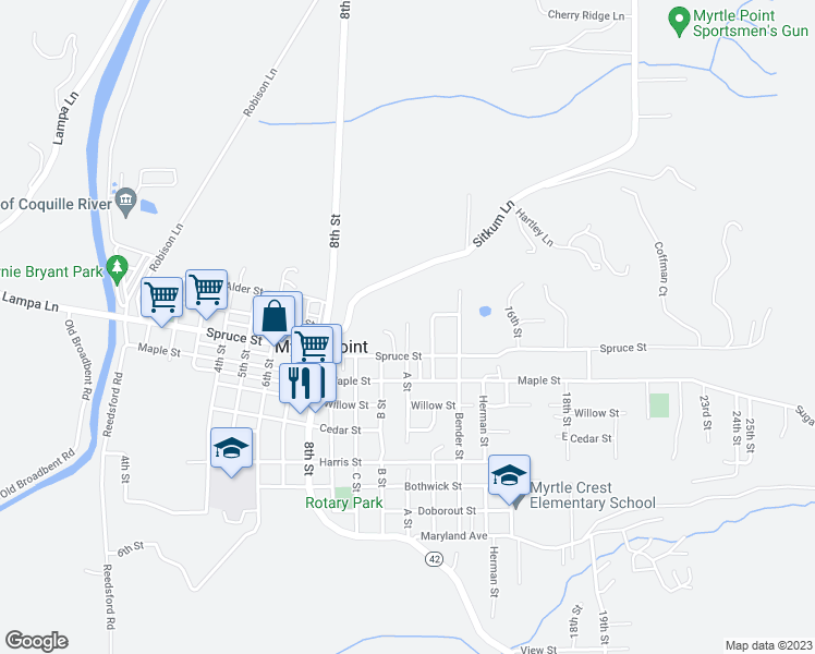 map of restaurants, bars, coffee shops, grocery stores, and more near 231 A Street in Myrtle Point