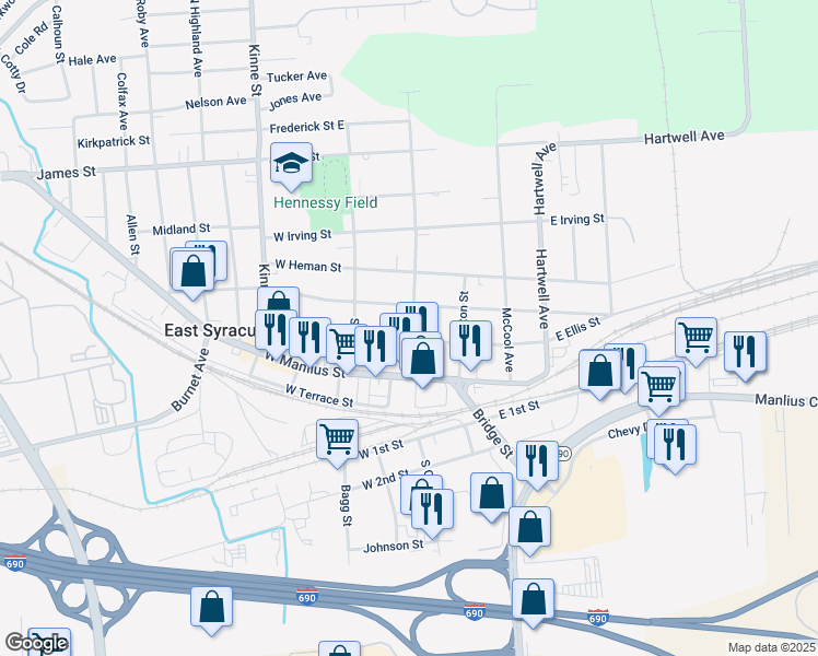 map of restaurants, bars, coffee shops, grocery stores, and more near 100 West Ellis Street in East Syracuse