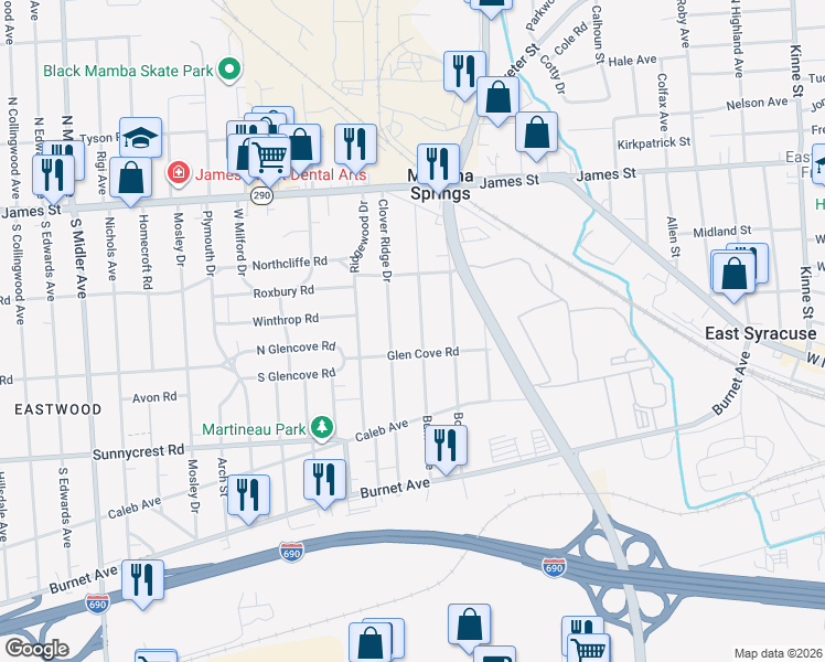 map of restaurants, bars, coffee shops, grocery stores, and more near 264 Burns Avenue in Syracuse