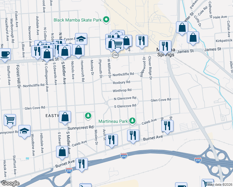 map of restaurants, bars, coffee shops, grocery stores, and more near 1133 North Glencove Road in Syracuse