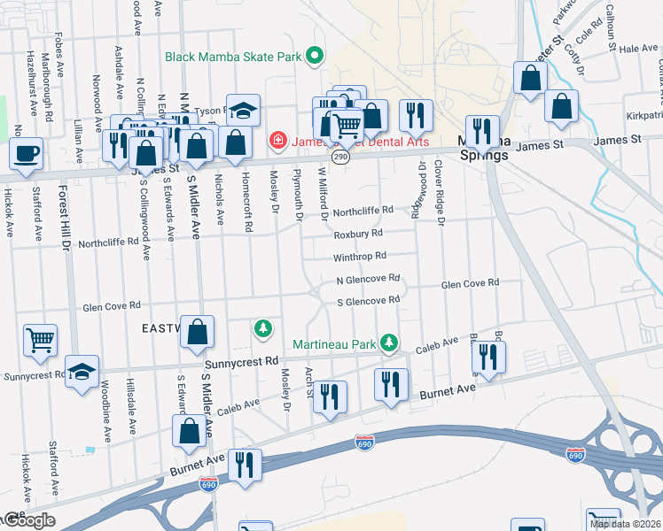 map of restaurants, bars, coffee shops, grocery stores, and more near 1133 North Glencove Road in Syracuse