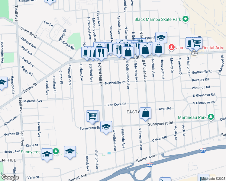 map of restaurants, bars, coffee shops, grocery stores, and more near 238 Woodbine Avenue in Syracuse