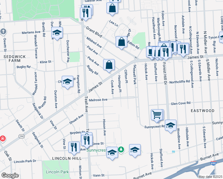 map of restaurants, bars, coffee shops, grocery stores, and more near 172 Cook Avenue in Syracuse