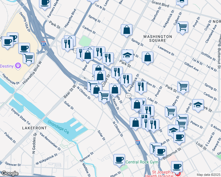 map of restaurants, bars, coffee shops, grocery stores, and more near 206 Sunset Avenue in Syracuse