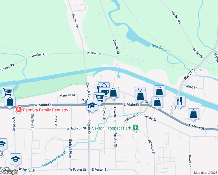 map of restaurants, bars, coffee shops, grocery stores, and more near 200 Canal Street in Palmyra