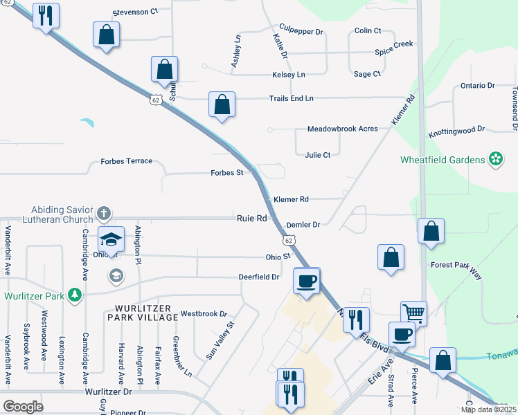 map of restaurants, bars, coffee shops, grocery stores, and more near 1793 Ruie Road in North Tonawanda