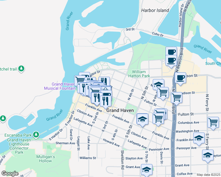 map of restaurants, bars, coffee shops, grocery stores, and more near 133 Columbus Avenue in Grand Haven
