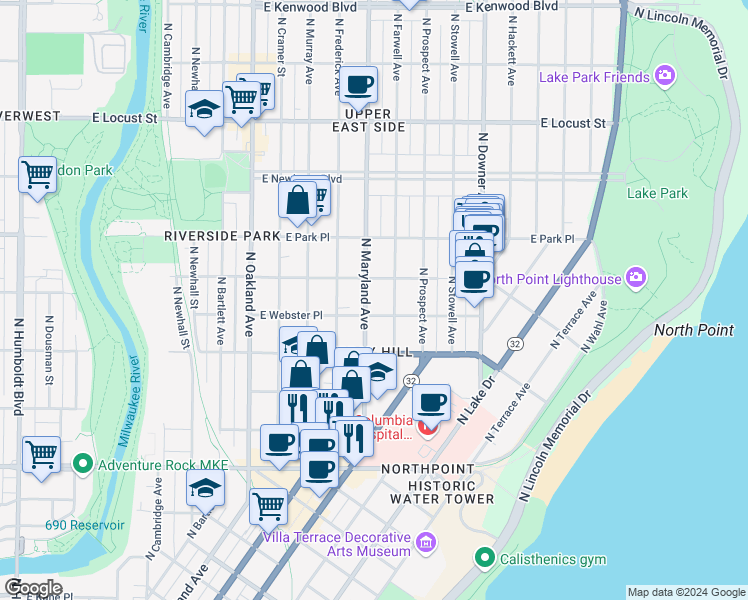 map of restaurants, bars, coffee shops, grocery stores, and more near 2555 North Farwell Avenue in Milwaukee