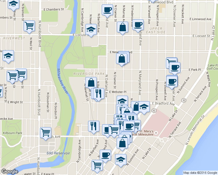 map of restaurants, bars, coffee shops, grocery stores, and more near 2553 North Oakland Avenue in Milwaukee