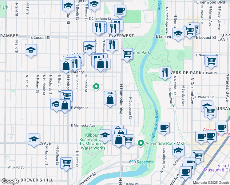 map of restaurants, bars, coffee shops, grocery stores, and more near 2551 North Humboldt Boulevard in Milwaukee