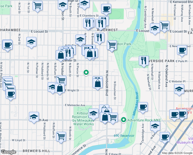 map of restaurants, bars, coffee shops, grocery stores, and more near 2552 North Bremen Street in Milwaukee
