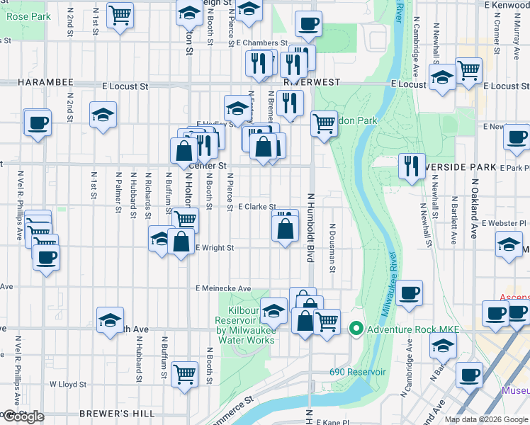 map of restaurants, bars, coffee shops, grocery stores, and more near 2552 North Bremen Street in Milwaukee