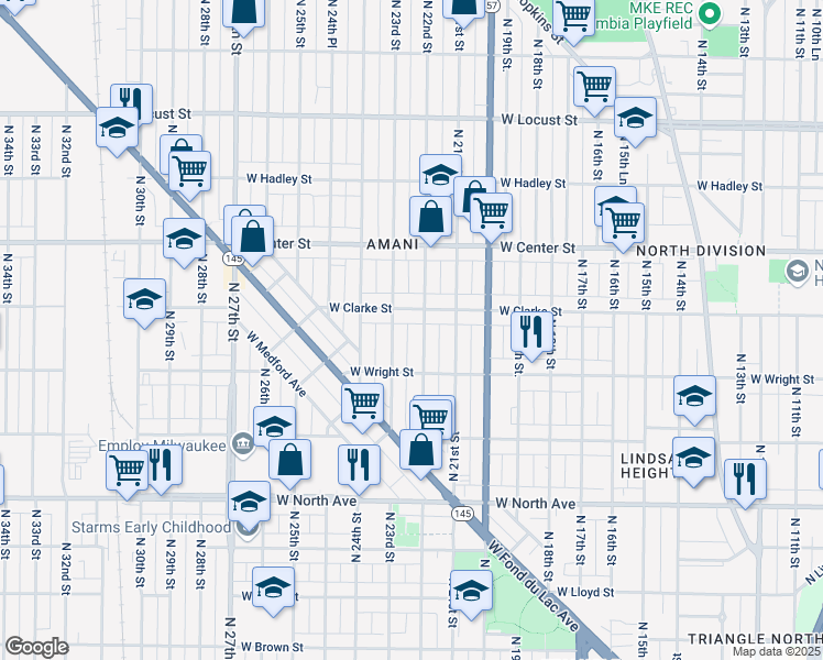 map of restaurants, bars, coffee shops, grocery stores, and more near 2537 North 22nd Street in Milwaukee