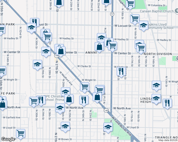map of restaurants, bars, coffee shops, grocery stores, and more near 2532 North 24th Street in Milwaukee