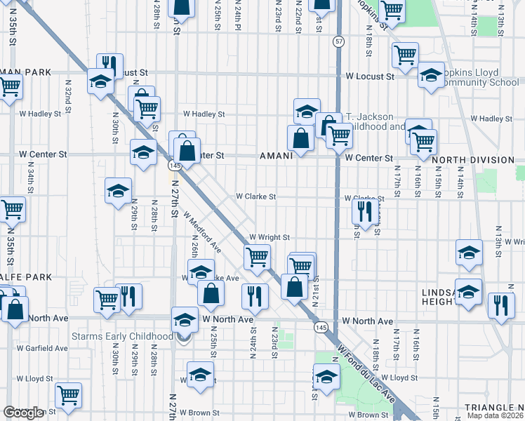 map of restaurants, bars, coffee shops, grocery stores, and more near 2532 North 24th Street in Milwaukee