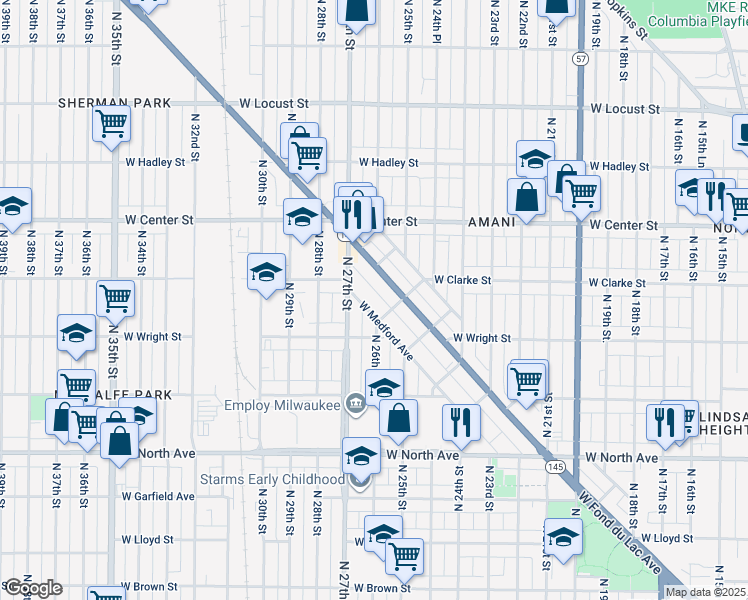 map of restaurants, bars, coffee shops, grocery stores, and more near 2617 West Medford Avenue in Milwaukee