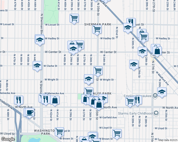 map of restaurants, bars, coffee shops, grocery stores, and more near 2530 North 36th Street in Milwaukee