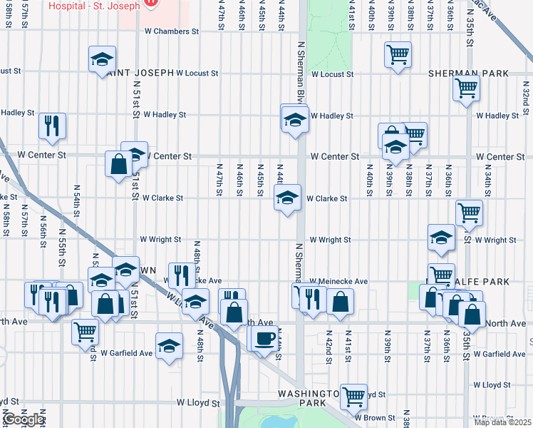 map of restaurants, bars, coffee shops, grocery stores, and more near 2531 North 44th Street in Milwaukee