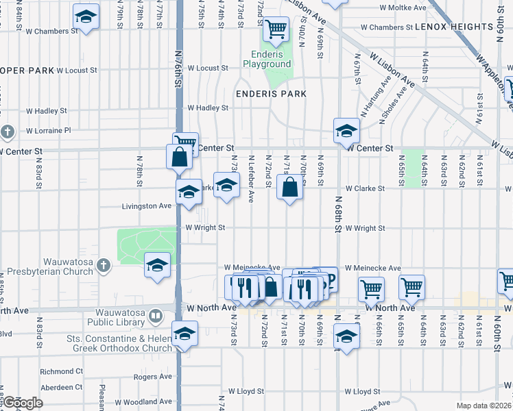 map of restaurants, bars, coffee shops, grocery stores, and more near 2527 North 72nd Street in Wauwatosa