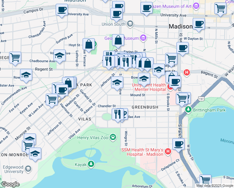 map of restaurants, bars, coffee shops, grocery stores, and more near 202 South Randall Avenue in Madison