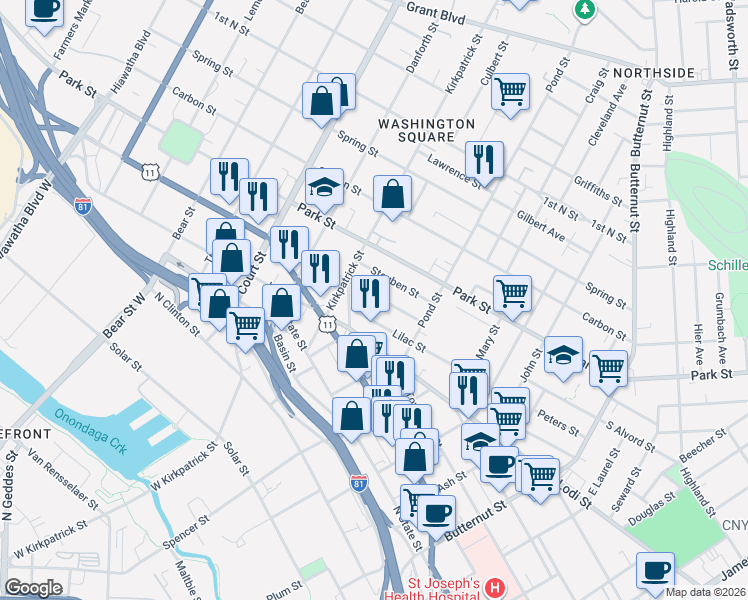 map of restaurants, bars, coffee shops, grocery stores, and more near 735 N Alvord St in Syracuse